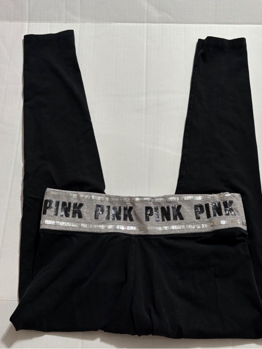 PINK Victoria’s Secret Yoga Leggings Black Logo Waist Cropped Stretch M W/Pocket - Picture 5 of 11